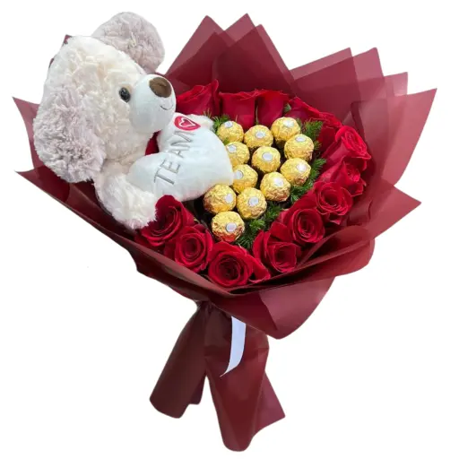 Ramo de flores rosas peluche y chocolates 